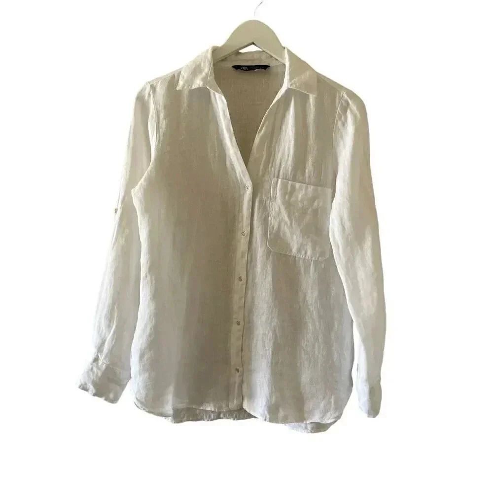 Zara Linen White Button-Down Collar Rolling Sleeves Solid Basic SZ XS #1215